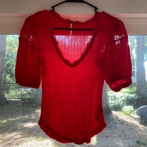 Free People XS Red  Crocket Lace Short Sleeve Shirt